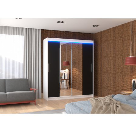 Tolóajtós szekrény tükörrel és LED világítással DALLAS 180 Fehér+Fekete