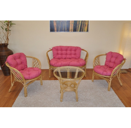 Ratanová sedací souprava Bahama medová velká polstry malinový melír