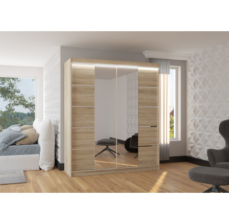 Tolóajtós szekrény tükörrel és LED világítással TRAVES 180 Sonoma+Sonoma
