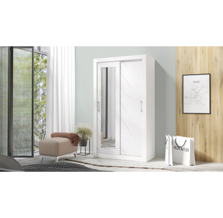 IN BOX 120 gardróbszekrény tükörrel, Fehér/Fehér márvány