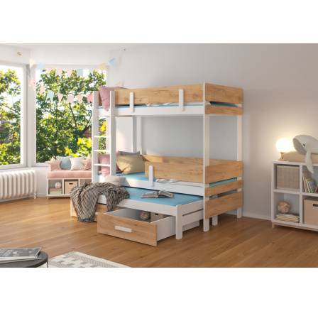 Háromszemélyes emeletes ágy matracokkal ETAPO 180x80 Fehér+Arany Tölgy