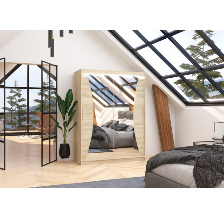 Tolóajtós szekrény tükörrel és LED világítással MAX 150 Sonoma+Sonoma