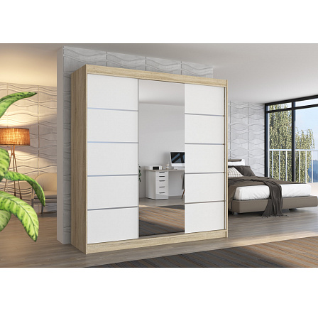 Tolóajtós és tükörrel ellátott BERGEN 200 gardróbszekrény Sonoma+Fehér