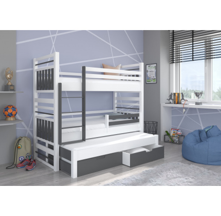 Háromszemélyes emeletes ágy HIPPO 180x80 Fehér+Szürke