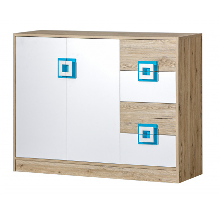 Komoda NICO 08, Světlý Dub/Bílá/Tyrkys