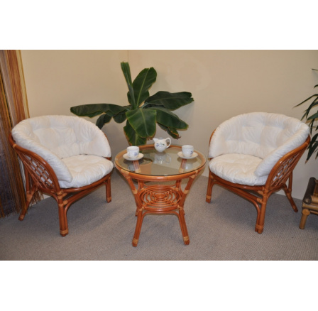 Ratanová sedací souprava Bahama koňak 2+1, polstry bílé MAXI Ratanová sedací souprava Bahama koňak 2+1, polstry bílé MAXI