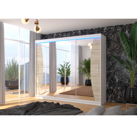 Tolóajtós szekrény tükörrel és LED világítással DIEGO 250 Fehér+Sonoma