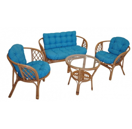 Ratanová sedací souprava Bahama tmavý med velká polstry tyrkysový melír