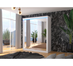 Tolóajtós szekrény tükörrel és LED világítással MORGAN 180 Fehér+Fehér