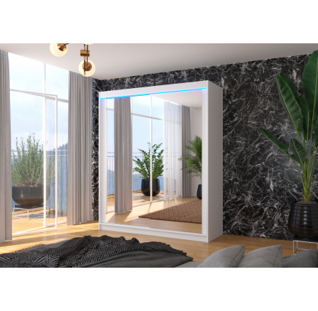 Tolóajtós szekrény tükörrel és LED világítással MORGAN 180 Fehér+Fehér