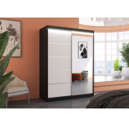 Tolóajtós szekrény tükörrel és LED világítással LIMBO 150 Fekete+Fehér