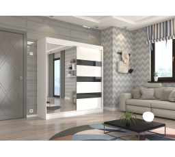 Tolóajtós szekrény tükörrel és lacobellel TOURA 200 Fehér+Fekete Lacobel