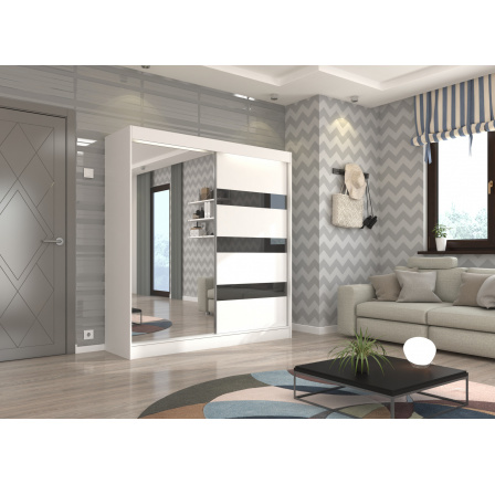 Tolóajtós szekrény tükörrel és lacobellel TOURA 200 Fehér+Fekete Lacobel