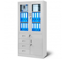 Üvegajtós irodai szekrény fiókokkal WIOLA, 900 x 1850 x 400 mm, szürke