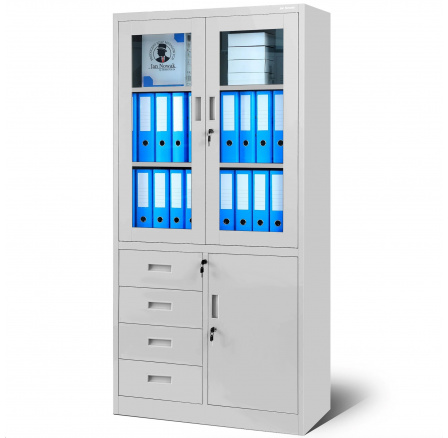 Üvegajtós irodai szekrény fiókokkal WIOLA, 900 x 1850 x 400 mm, szürke