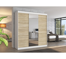 Tolóajtós és tükrös ruhásszekrény SANTIAGO 200 Fehér+Sonoma