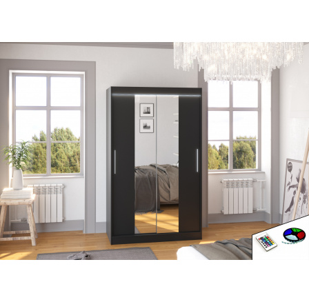 Tolóajtós szekrény tükörrel és LED világítással SANTOS 120 Fekete+Fekete