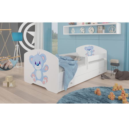 Łózko z materacem, barierką i szufladą PEPE BLUE BEAR 140x70 White