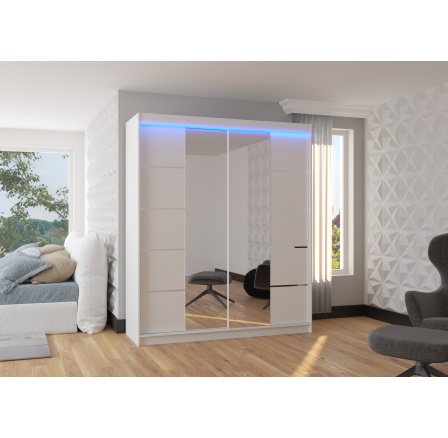 Tolóajtós szekrény tükörrel és LED világítással TRAVES 180 Fehér+Fehér