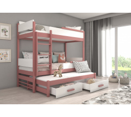 Háromszemélyes emeletes ágy matracokkal QUEEN 180x80 Rózsaszín+Fehér