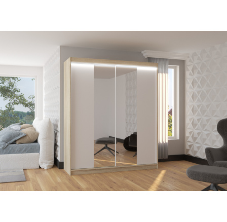 Tolóajtós szekrény tükörrel és LED világítással BALANCE 180 Sonoma+Fehér