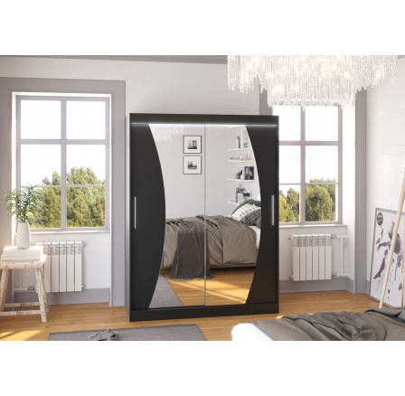 Tolóajtós szekrény, tükörrel és LED világítással MODESTO 150 Fekete+Fekete