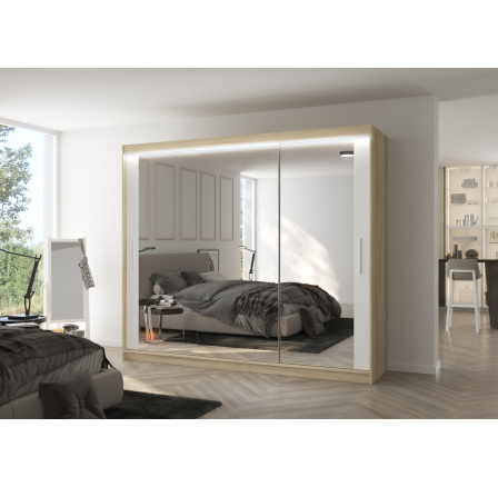 Tolóajtós szekrény tükörrel és LED világítással CHESTER 250 Sonoma+Fehér