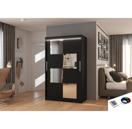 Tolóajtós szekrény tükörrel és LED világítással LUGANO 120 Fekete+Fekete