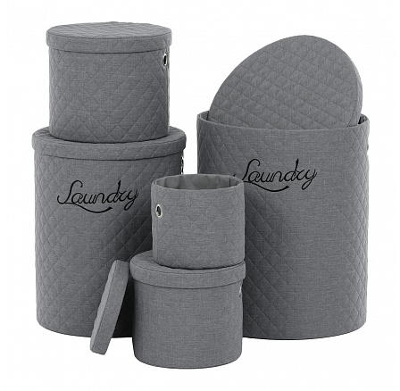Koš prádelní - látka, kulatý, šedý, cena za sadu 5 ks