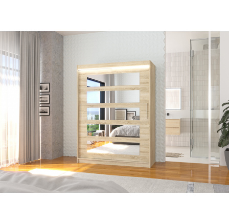 Tolóajtós szekrény tükörrel és LED világítással MURANI 150 Sonoma+Sonoma