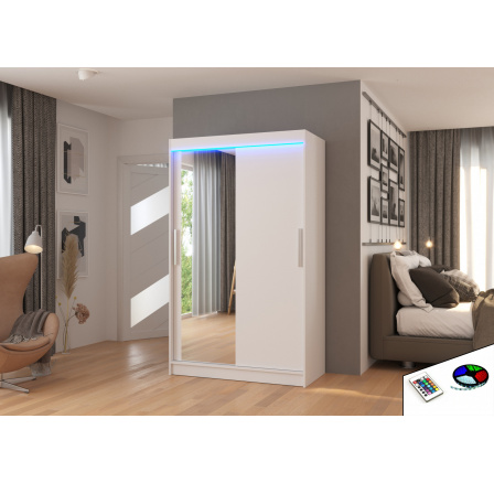 Tolóajtós szekrény tükörrel és LED világítással BARIO 120 Fehér+Fehér