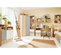PIXEL-D gyerekszoba 90x200 cm-es ággyal, Keksz Tölgy/Fehér Lux/Szürke