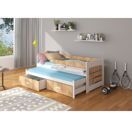 Kétszemélyes ágy korláttal és matracokkal TIARRO 180x80 Fehér+Arany Tölgy