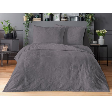 Saténový povlak na polštář se žakárovým vzorem listy tmavě šedé 50x50