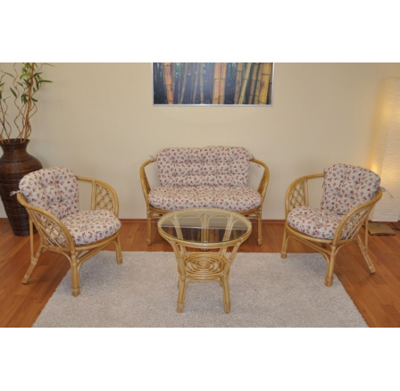 Ratanová sedací souprava Bahama medová velká polstry motiv růže