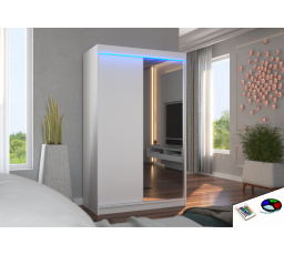 Tolóajtós ruhásszekrény, tükörrel és LED világítással REWENA 120 Fehér+Fehér