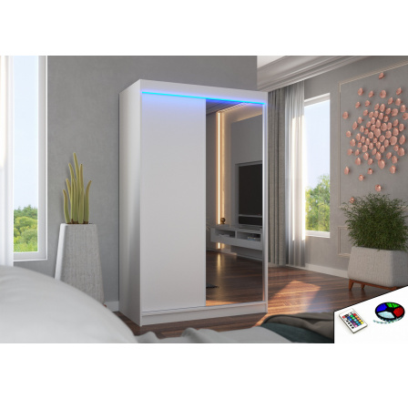 Tolóajtós ruhásszekrény, tükörrel és LED világítással REWENA 120 Fehér+Fehér