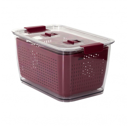 Bordó színű edény gyümölcs és zöldség tárolására a hűtőszekrényben