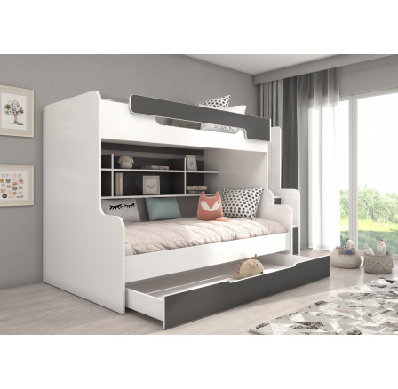 Emeletes ágy lépcsőkkel és matracokkal HARELL Fehér+Szürke