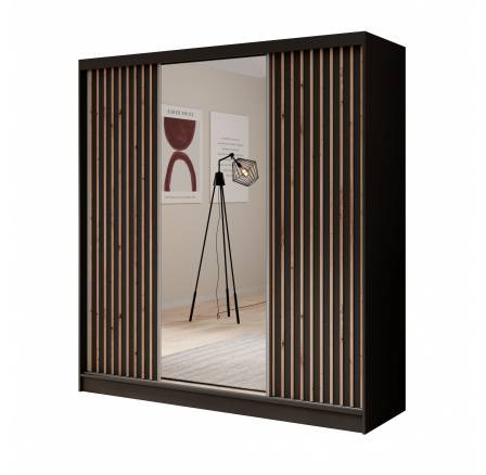 Tolóajtós és tükrös ruhásszekrény Ida 200 Fekete+Fekete