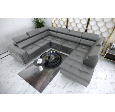 NAROŻNIK ORION MAX I Z FUNKCJĄ SPANIA 225X350X255 CM SKÓRA NATURALNA - Skóra szara , Strona lewa