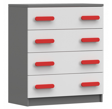 Komód 4S SMYK II - 02, Szürke/Fehér/Piros