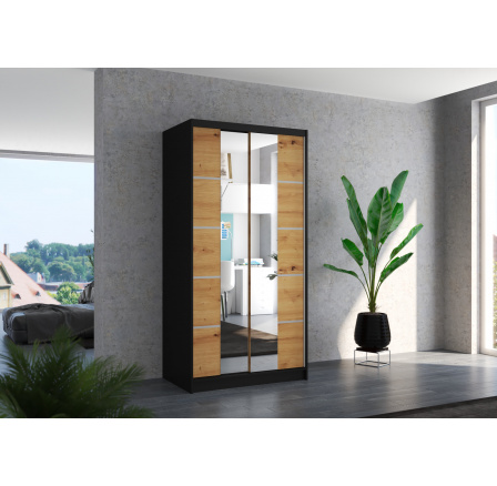 Tolóajtós és tükörrel ellátott ruhásszekrény KSAWER 100 Fekete+Artisan