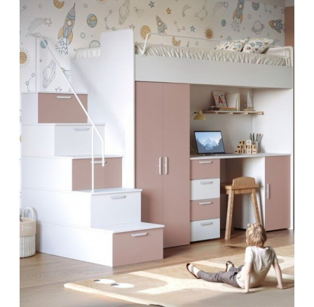 Patrová postel PARADISE 4S Bílá Starorůžová mat