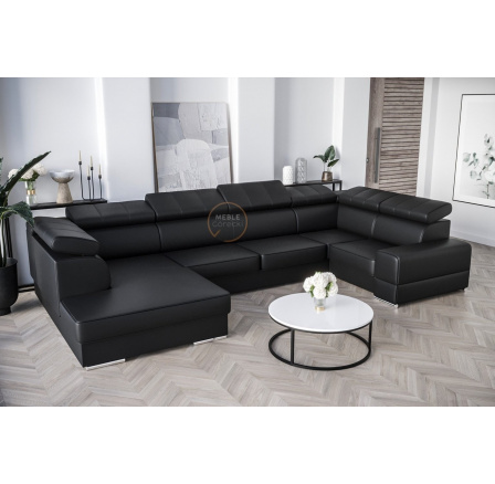 SKÓRA NATURALNA NAROŻNIK Z FUNKCJĄ SPANIA ROYAL MAX I 210x375x185 - Strona prawa , Skóra czarna