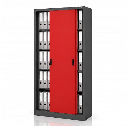 Irodai fém szekrény tolóajtókkal antracit-vörös: KUBA 900 x 1850 x 400 mm