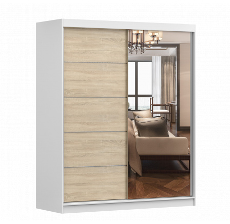 BONO 05 gardróbszekrény tükörrel, Fehér/Sonoma Tölgy