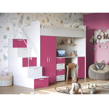 Patrová postel PARADISE 4S, Bílá Růžová lesk