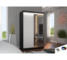 Tolóajtós szekrény tükörrel és LED világítással REWENA 120 Fekete+Fehér