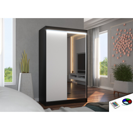 Tolóajtós szekrény tükörrel és LED világítással REWENA 120 Fekete+Fehér